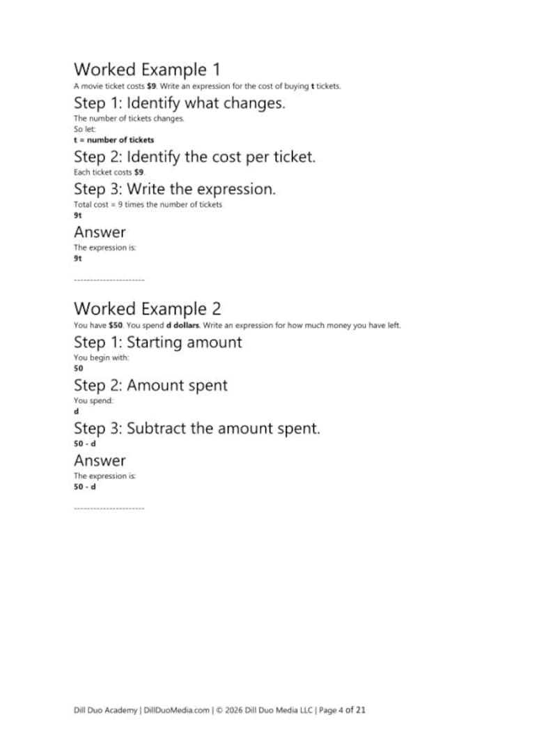 May include: A white educational document page titled Worked Example 1 and Worked Example 2, featuring black text on a white background. The content explains algebraic expressions for ticket costs and remaining money, including steps and answers like 9t and 50-d.