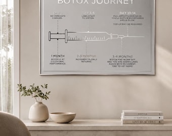 May include: A rectangular framed wall art piece featuring a silver-toned graphic of a syringe centered on a light gray background. The text BOTOX JOURNEY is at the top, with a timeline detailing stages from day 1 to 3-4 months with descriptive text.