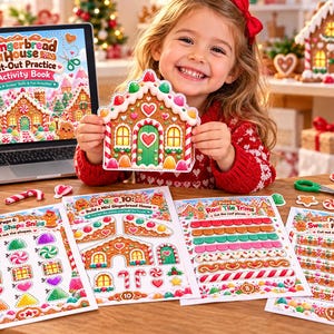 Könnte beinhalten: Ein Gingerbread House Cut-Out Practice Aktivitätsbuch mit Seiten zu Bonbonformen, Mini-Haus-Teilen, Dachverzierungen und Zaunelementen. Das Buch enthält farbenfrohe Illustrationen von Lebkuchenhäusern, Süßigkeiten und festlichen Dekorationen.