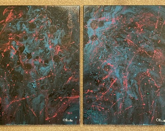 Deep Space Nebula: Two 18" x 24" acrylic pour paintings signed by the artist.