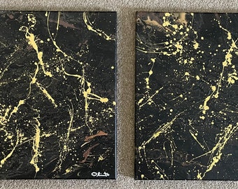 Golden Lace: Two 16" x 20" pour paintings with my two favorite colors (black and gold)