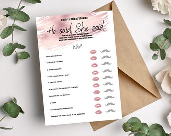 Pink Blush Bridal Shower Party DIGITAL DOWNLOAD Game Hen Party Game Editable He Said She Said Game Printable Instant Download Print Yourself