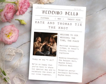 Folded newspaper style wedding program; fully editable in Canva, delivered in two sizes