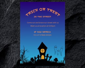 Trick or Treat Halloween invitation template; delivered in two sizes A5 and 5x7 inches. Fully editable. Print at home or professionally
