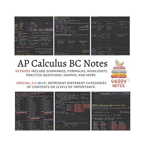 以下が含まれることがあります： AP Calculus BC の学習ガイド。33ページにわたって、要約、公式、重要なポイント、練習問題、グラフなどが掲載されています。ノートは、内容や重要度のレベルに応じて色分けされています。表紙には、カラフルな花柄の書籍が積み重ねられ、"Sherry Notes"という文字が書かれています。
