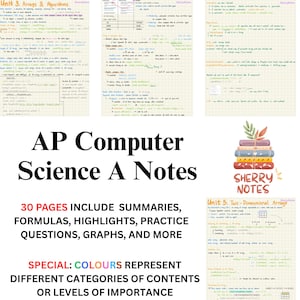 Puede incluir: Apuntes de AP Computer Science A con resúmenes, fórmulas y gráficos. Las 30 páginas utilizan colores para diferenciar las categorías de contenido. Incluye preguntas de práctica.