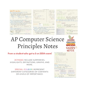Könnte beinhalten: Ein farbenfrohes Bild mit dem Text "AP Computer Science Principles Notes" in großer Schrift. Der Text "From a student who got a 5 on 2024 exam!" steht darunter in kleinerer Schrift. Das Bild enthält auch den Text "20 PAGES INCLUDE SUMMARIES, HIGHLIGHTS, DEFINITIONS, GRAPHS, AND MORE." und "SPECIAL: COLOURS REPRESENT DIFFERENT CATEGORIES OF CONTENTS OR LEVELS OF IMPORTANCE."