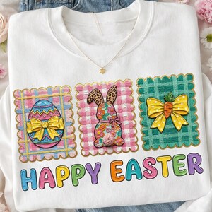 Happy Easter PNG, Coquette Easter Sublimation Design, Patchwork Bunny Faux Embroidery, Spring Digital Download, Cute Easter Egg Shirt PNG