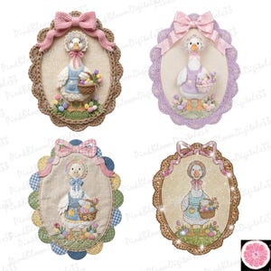 Könnte beinhalten: Vier dekorative ovale Osterei-Tafeln mit einem Gänse-Charakter. Jede Gans trägt eine Schürze und eine Haube und hält einen Korb mit Ostereiern. Die Tafeln haben unterschiedlich farbige Rahmen und Schleifen mit floralen und Eier-Akzenten. Die Hintergrundtexturen variieren.