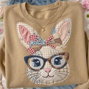Cute Patchwork Easter Bunny PNG, Cottagecore Applique Bunny with Glasses & Bow, Coquette Faux Fabric Sublimation Design, 300 DPI