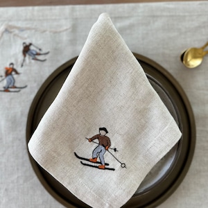 Napkin Linen and Cotton Embroidered Switzerland Style Wedding Napkins Ski Landscape Colorful Embroidery Snow and Ski