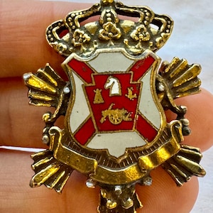 Coro Heraldic Brooch Pin 1950’s– Enamel Crowned Shield with Horse, Cannon, and Red Cross