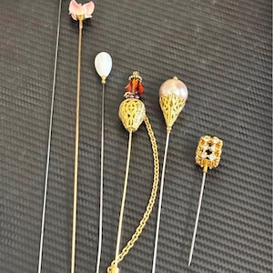 Hat Pins. 6 pieces – Longest 10.5”, Gold Tone, Crystal, Filigree, Pearl, Rhinestone – Edwardian/Victorian Style Stick Pin