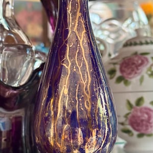 Signed Cobalt Blue Studio Pottery Vase: Gold Floral Accents, 6" Vintage Decor