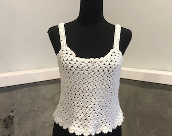 Handmade White Crochet Crop Top – Cotton Bamboo Blend, Boho Summer Blouse, Women’s Crochet Top