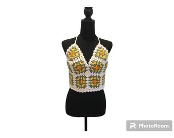 Crochet Halter Top / Granny Square Top / Handmade Cotton Summer Top / Boho Festival Top / Retro Crochet Crop Top