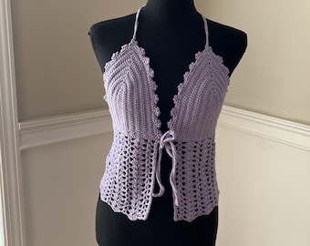 Handmade Crochet Halter Top – Purple Summer Crop Top, Cotton Blend, Adjustable Tie Front, Open Back, Boho Festival Top