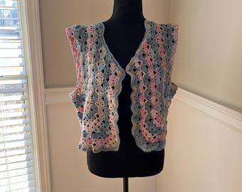 Hand Knitted Crochet Vest, Colorful Boho Sweater Vest, Granny Style Knit Top, Handmade Gift for Her, Mothers Day Gift, Cotton Blend Vest