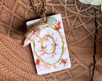 Sea Spiral printed on Natural Shell Jewelry - Iridescent Pendant with Gold Chain and Charms - One of a Kind