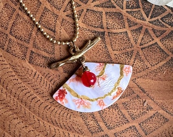 Sea Spiral printed on Natural Shell Jewelry - Iridescent Pendant with Gold Chain - One of a Kind
