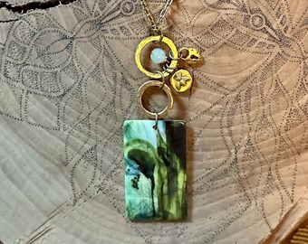 Pressed Eggplant on Natural Shell Jewelry - Iridescent Pendant with Gold Charms