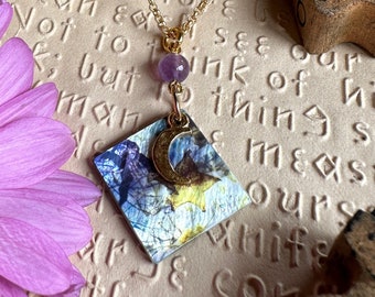Nature Inspired Design Printed on Natural Shell Jewelry - Iridescent Pendant with gold Chain - One of a Kind