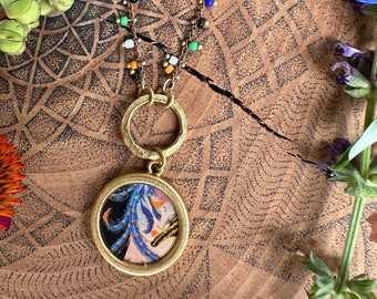 Unique Illustrated Resin Pendant with beads and 24k gold chain - One of a kind