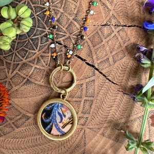 Unique Illustrated Resin Pendant with beads and 24k gold chain - One of a kind
