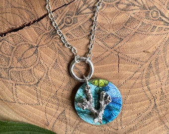 Nature Inspired Design Printed on Natural Shell Jewelry - Iridescent Pendant with Silver Chain and Charms - One of a Kind