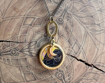 Unique Illustrated Resin Pendant 24k Charms and Gunmetal Chain - One of a kind