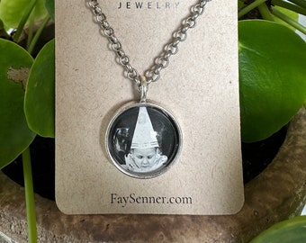 Unique Handmade Resin Pendant with Clown - Silver necklace with Black and White photo Resin Pendant