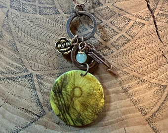Pressed Carrot printed on Natural Shell Jewelry - Iridescent Yellow Pendant with Copper Charms - One of a Kind