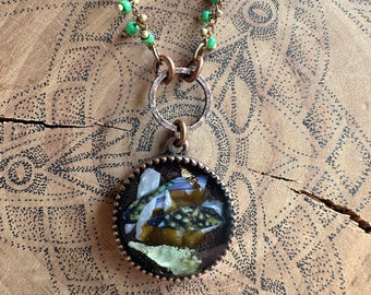 Unique Coral and Collaged Resin Pendant in Copper Plated Bezel with beaded Chain - One of a Kind
