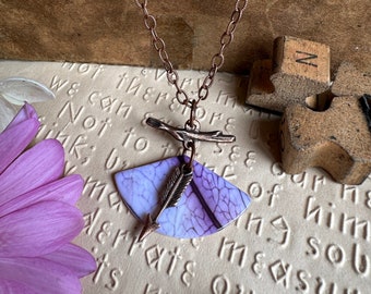 Nature Inspired Design Printed on Natural Shell Jewelry - Iridescent Pendant with Copper Chain and charms - One of a Kind
