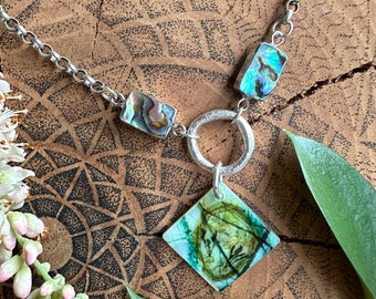 Radish Nest Design printed on Natural Shell Jewelry - Iridescent Pendant with silver chain and Abalone - One of a Kind