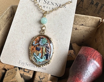 Unique Coral and Collaged Resin Pendant in Gold Plated Bezel - One of a Kind
