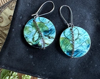 Nature inspired Blue Design printed on Natural Shell Earrings with Decorative Chain Loops