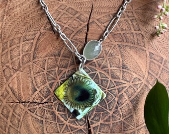 Double Sided Artichoke Eye Pendant on Shell - Asymmetrical Silver necklace with Shell and gem - One of a Kind