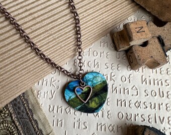 Nature Inspired Design Printed on Natural Shell Jewelry - Iridescent Heart Pendant with Copper Chain and Charm - One of a Kind
