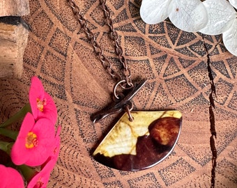 Nature Inspired Design Printed on Natural Shell Jewelry - Iridescent Pendant with Copper Chain - One of a Kind