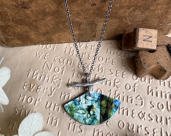 Nature Inspired Design Printed on Natural Shell Jewelry - Iridescent Pendant with Gunmetal Chain - One of a Kind