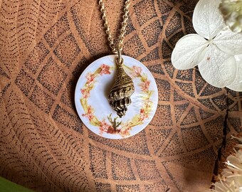 Sea Wreath printed on Natural Shell Jewelry - Iridescent Pendant with Gold Chain and Charms - One of a Kind