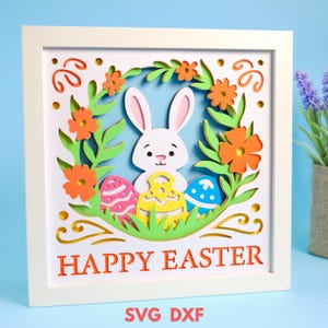 Svg de boîte d'ombre de Pâques, boîte d'ombre de Joyeuses Pâques, svg de boîte à lumière de Pâques, boîte d'ombre en couches, svg de lapin de Pâques 3D, svg de shadowbox de Pâques