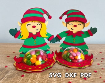 Paquete SVG de cúpula de caramelo de elfo de Navidad, archivo de corte svg de soporte de caramelo de Navidad, soporte de caramelo de niño elfo, soporte de caramelo de niña elfo, cúpulas de 6 y 8 cm