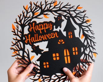 Layered Halloween wreath svg, Happy Halloween wreath svg, 3D Halloween wreath template, Haunted house cut file, Halloween door decoration
