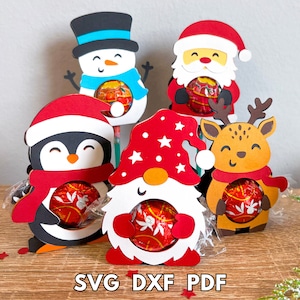 Pacchetto porta caramelle natalizie, porta lecca-lecca di Natale in formato SVG, porta caramelle in formato SVG, Babbo Natale, pupazzo di neve, renna, gnomo, porta caramelle pinguino