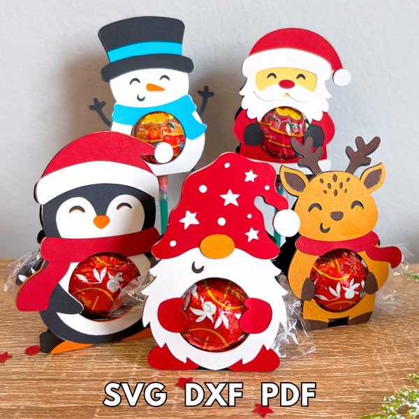 Christmas candy holder bundle, Christmas lollipop holder svg, Chocolate holders svg,  Santa, Snowman, Reindeer, Gnome, Penguin candy holders