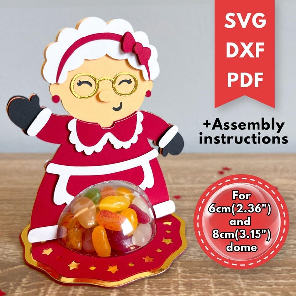 Christmas Mrs Claus candy holder SVG with opening mechanism, Ms Claus candy dome cut file, Chocolate holder, Treat holder, 8cm and 6cm