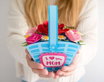 3D Paper flower basket svg, Paper flower bouquet, Mothers day gift svg, Flower basket template, Mothers day gift box svg, Paper flowers svg