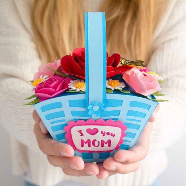 3D Paper flower basket svg, Paper flower bouquet, Mothers day gift svg, Flower basket template, Mothers day gift box svg, Paper flowers svg